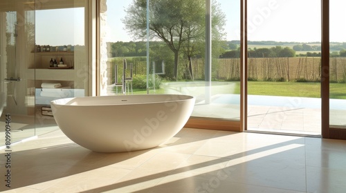 A minimalist bathroom with clean lines  a freestanding bathtub  and a frameless glass shower enclosure  exuding luxury and simplicity.