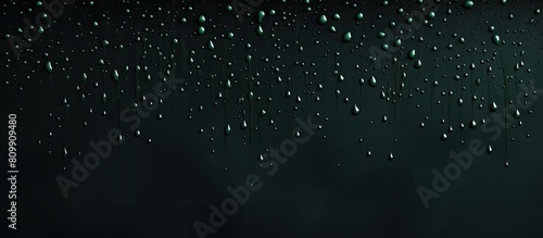 An abstract artwork showcases the graceful descent of dark green paint droplets onto black paper with a copy space image photo