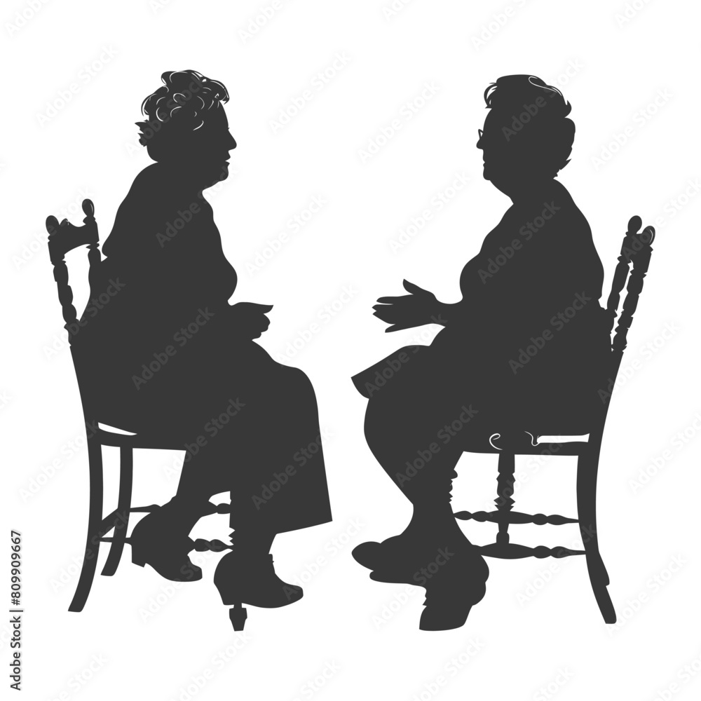 Silhouette elderly women and elderly women were sitting while talking black color only Silhouette elderly women and elderly women were sitting while talking black color only
