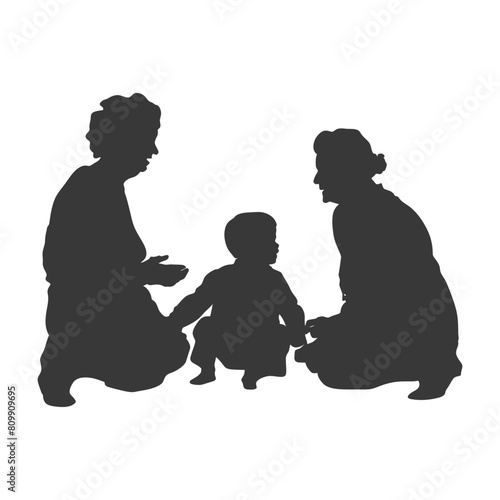 Silhouette elderly women and little boy were sitting while talking black color only