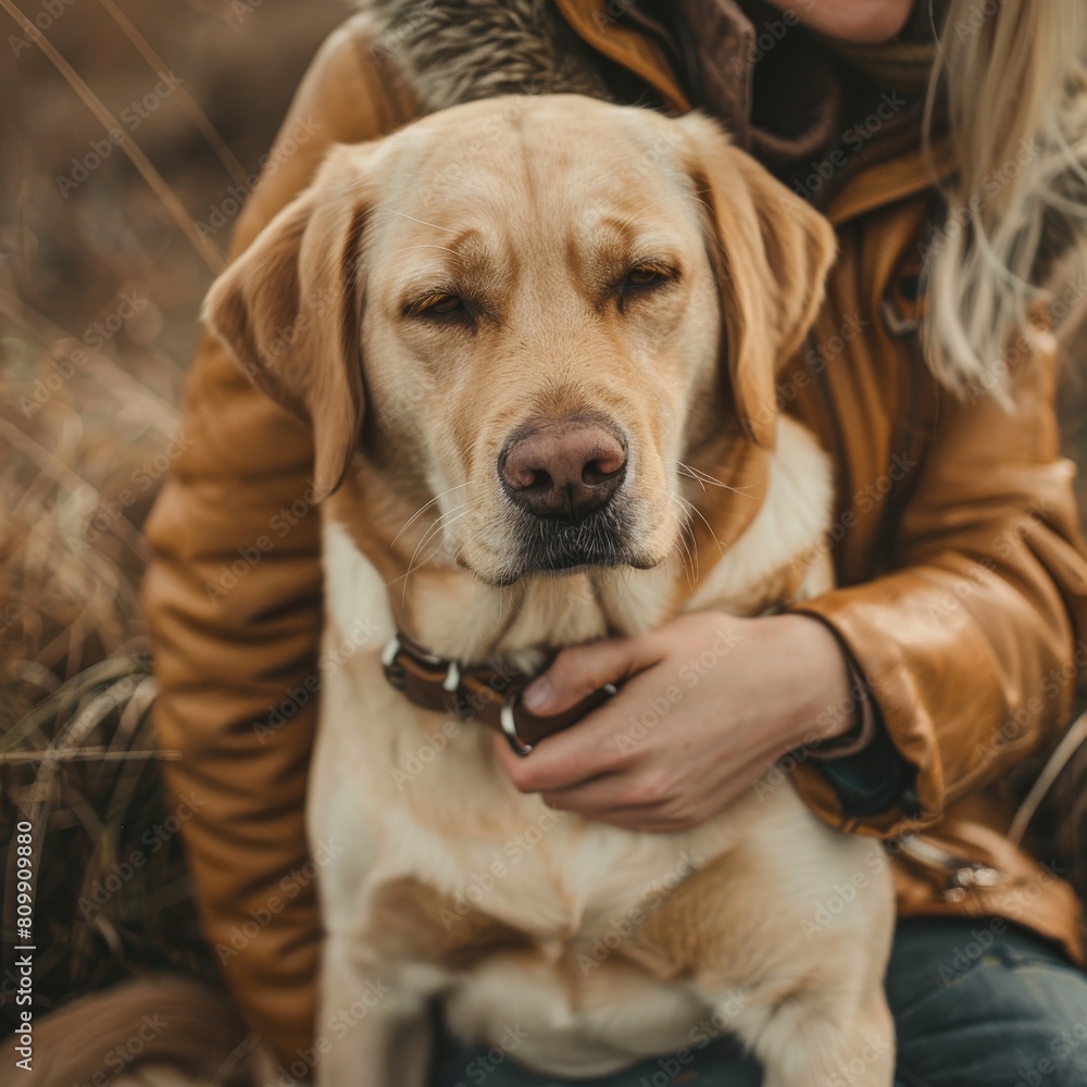 Love a dog, cute yellow labrador retriever with owner outdoors, good pet owner