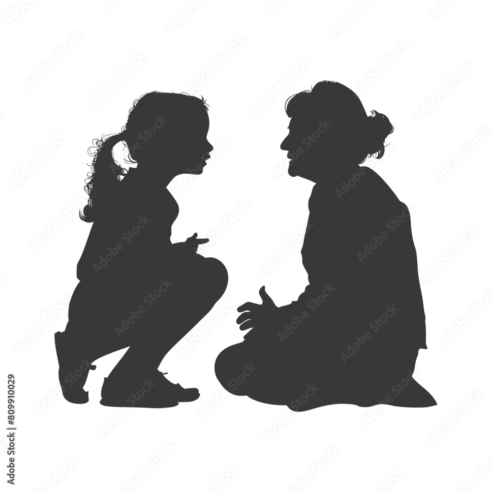 Silhouette elderly women and little girl were sitting while talking black color only Silhouette elderly women and little girl were sitting while talking black color only