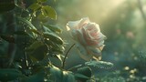 A pale blush rose plant, surrounded by a canopy of overhanging leaves, glowing softly in early morning light. 8K resolution.