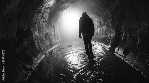 Silhouette of a person standing against the backdrop of a tunnel. which has dim light Passing through from the far end The atmosphere looked bleak. reminiscent of solitude photo