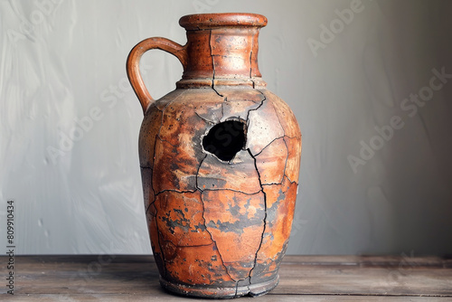 Vintage glued clay jug with distinctive crack adding to rustic charm. Presence of damage gives sense of authenticity hinting at stories holding within.