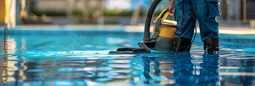 Pool maintenance, swimming pool cleaner, man in blue shirt with cleaning equipment, hotel service photo