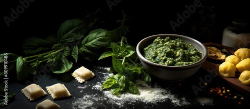 Italian homemade healthy food concept Process of making Italian pesto ravioli Copy space image of basil on a floury dark background photo