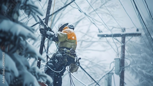 Electrician Heroically Repairing Power Lines During Intense Blizzard Conditions photo