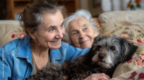 Two senior friends and their beloved pet, captured in a cozy home background