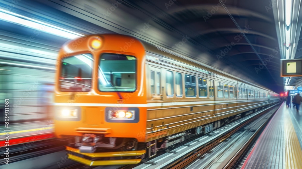 A train is moving down the tracks in a tunnel. The train is orange and has a yellow stripe