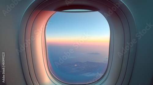 A window on an airplane with a beautiful blue sky and a sunset in the background. The sky is filled with clouds and the sun is setting  creating a serene and peaceful atmosphere