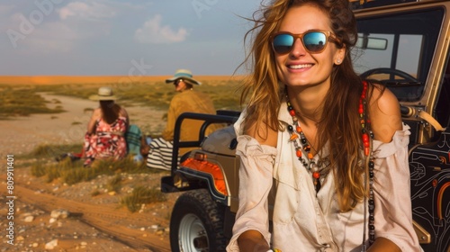 A woman is sitting in a jeep in the desert, smiling and wearing sunglasses. She is surrounded by other people, some of whom are sitting on the ground. The scene is relaxed and casual, with the woman photo