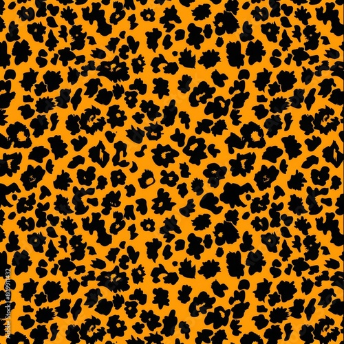 The image is a seamless pattern of black leopard spots on an orange background.