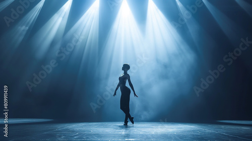 A lone woman standing on an empty stage, illuminated by spotlights in the dark blue backgroundA lone woman standing on an empty stage, illuminated by spotlights in the dark blue background