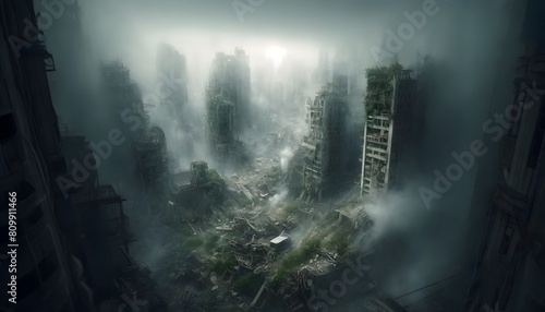 A mysterious  foggy scene of an abandoned city overgrown with vegetation  highlighting a contrast between human creation and nature s persistence.