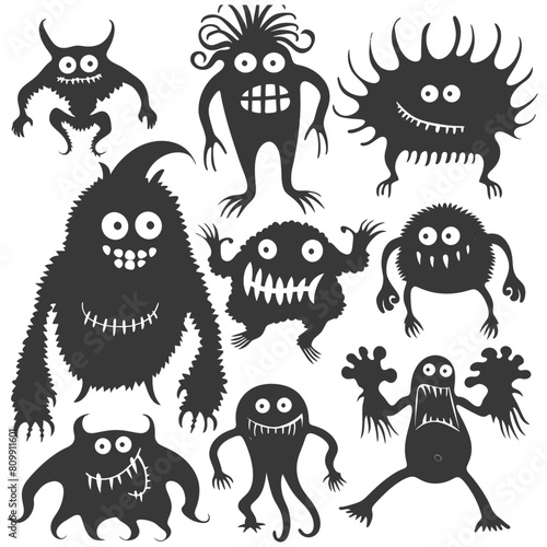 Silhouette funny monsters collection set black color only
