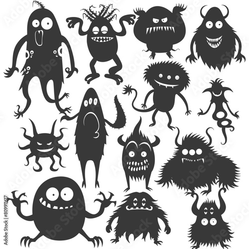 Silhouette funny monsters collection set black color only