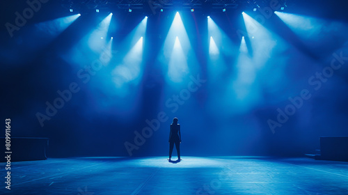 A lone woman standing on an empty stage  illuminated by spotlights in the dark blue backgroundA lone woman standing on an empty stage  illuminated by spotlights in the dark blue background