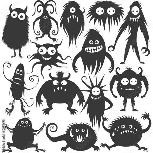 Silhouette funny monsters collection set black color only