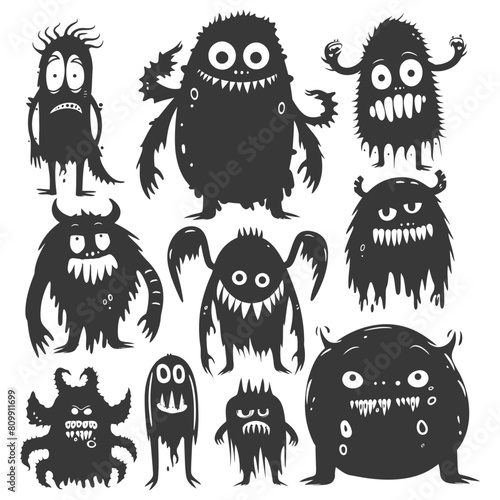 Silhouette funny monsters collection set black color only