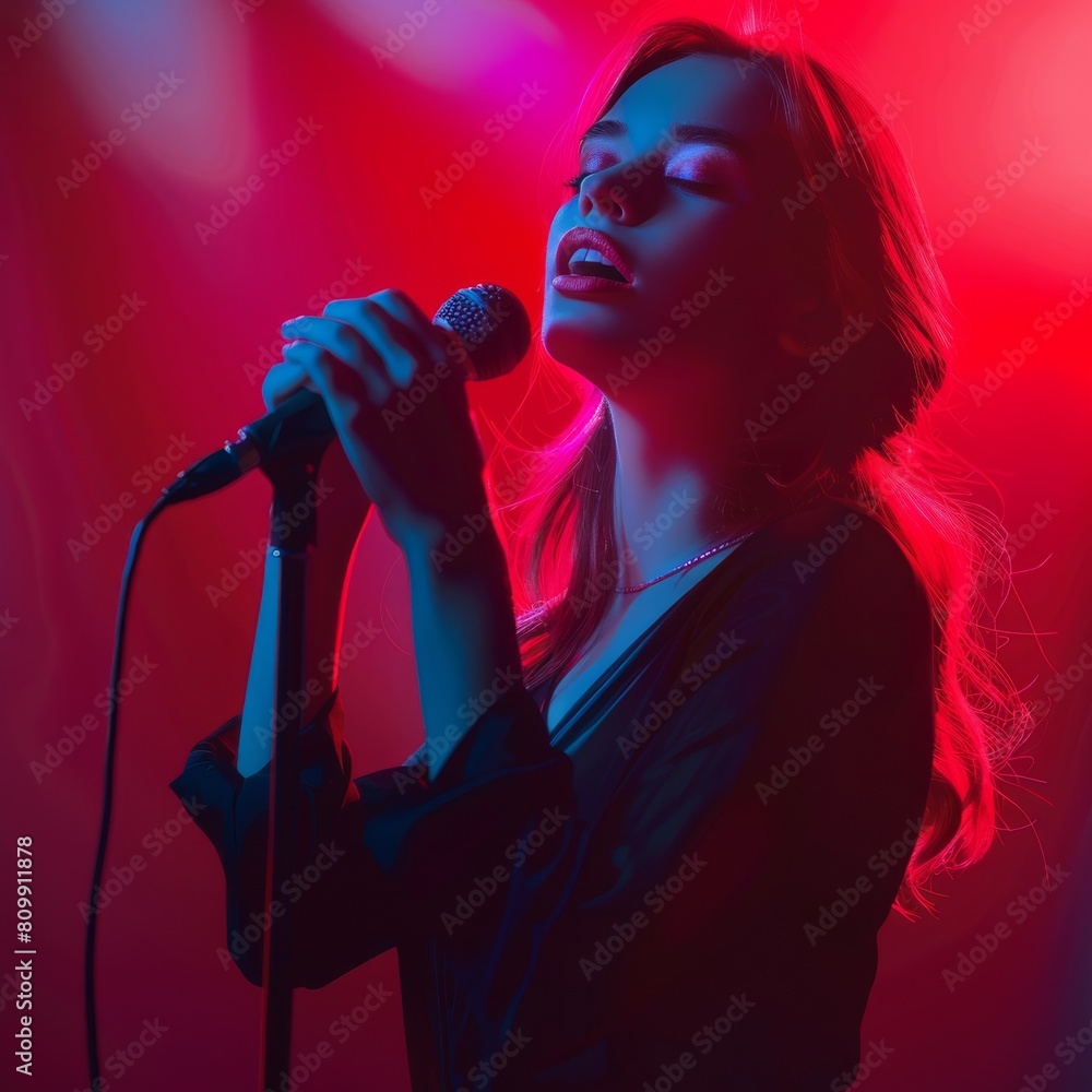 Young woman singing in microphone on color background, singing female portrait, karaoke Young woman singing in microphone on color background, singing female portrait, karaoke