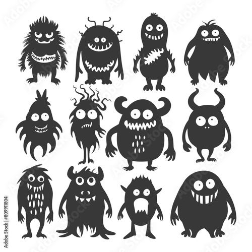Silhouette funny monsters collection set black color only