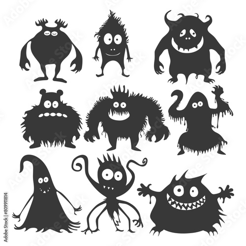 Silhouette funny monsters collection set black color only