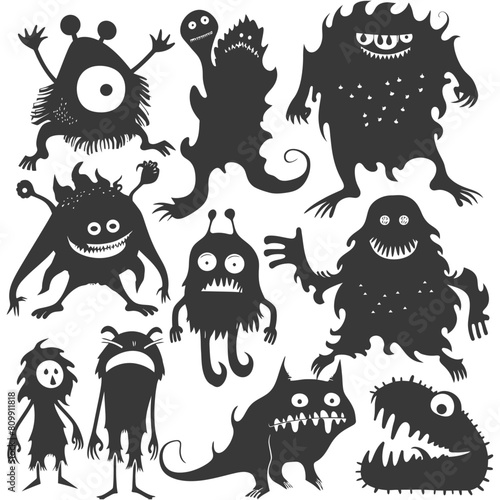 Silhouette funny monsters collection set black color only