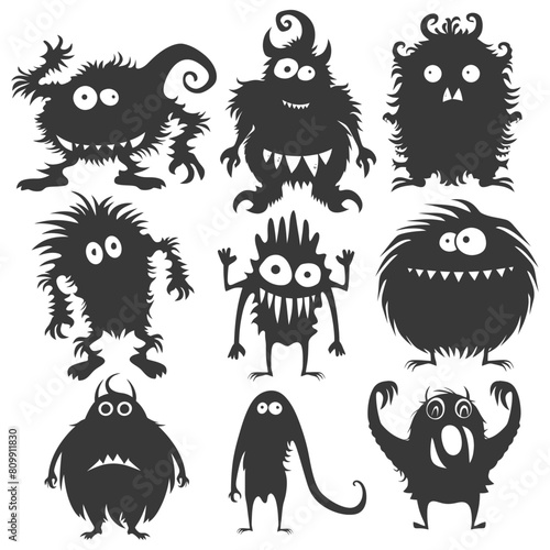 Silhouette funny monsters collection set black color only