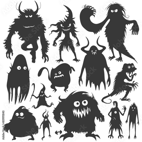 Silhouette funny monsters collection set black color only