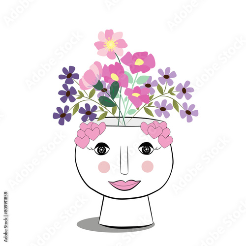 Florero con cara de mujer y ramo de flores.