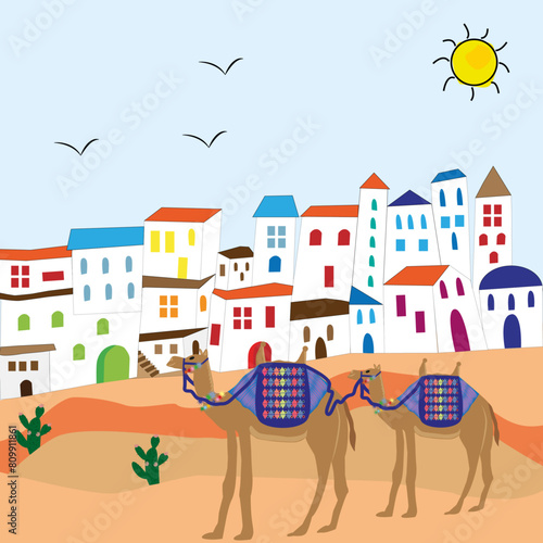 Paisaje de pueblo y camellos.
