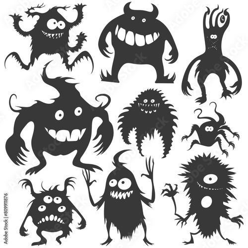 Silhouette funny monsters collection set black color only