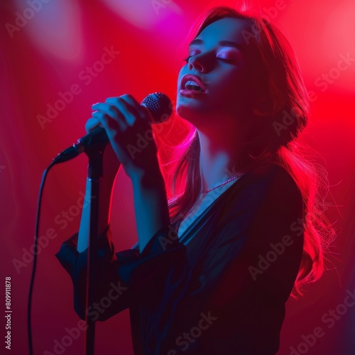 Young woman singing in microphone on color background, singing female portrait, karaoke