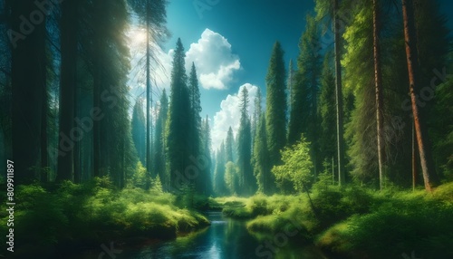 Tranquil forest stream flowing through towering trees  illuminated by soft sunlight filtering through leaves.