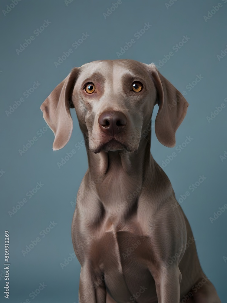 A Weimaraner dog is sitting on a light blue background and looking ahead. AI generated image