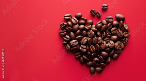 Heart shape made of coffee beans on redbackground. Flat lay. Symbol of Love to coffee, Roasted coffee beans arranged into shape of heart, generative ai photo