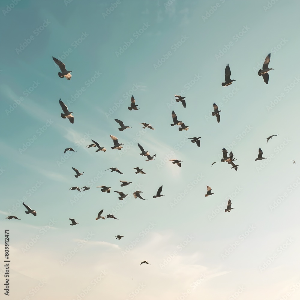 Fototapeta premium Flock of Birds Soaring Through Tranquil Sky