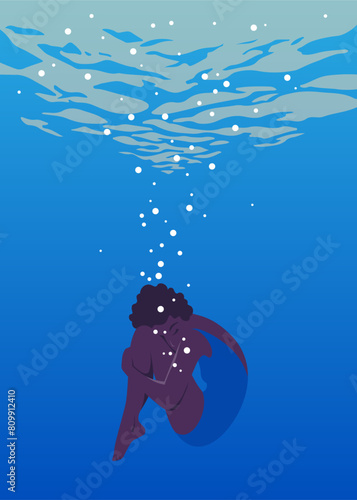 African woman in a swimsuit underwater in the pool. Swimming in the pool. Spa and resort. The sea and the ocean. Vector flat illustration