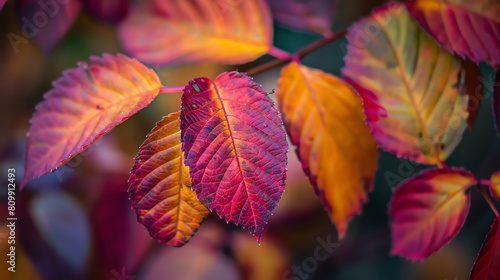 Colorful autumn leaves close-up. The leaves are a mix of red, orange, yellow, and green. The veins in the leaves are visible.