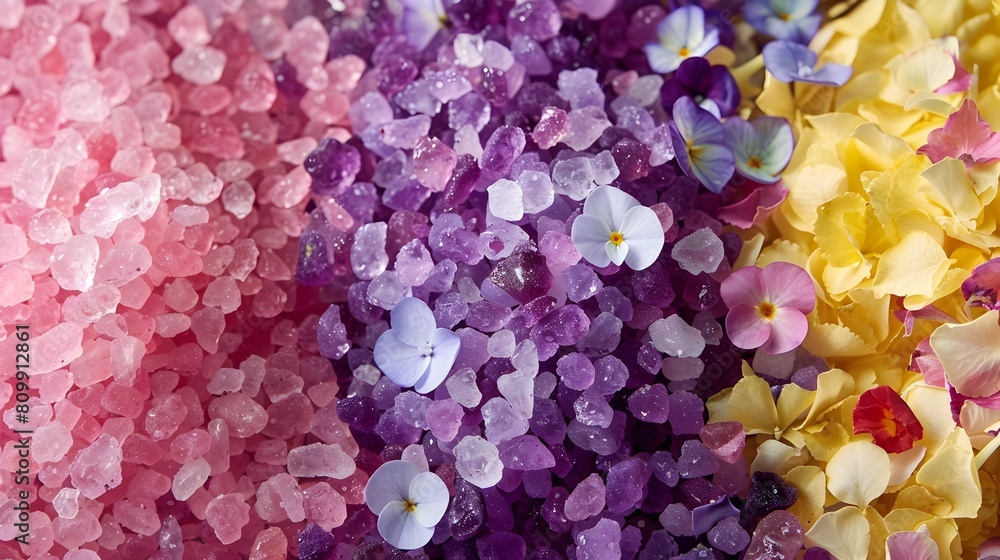 Fototapeta premium Scented Bath Salts in Amethyst,Quartz and Rose Petals for Relaxation and Wellness description:This stunning image captures a tranquil arrangement of