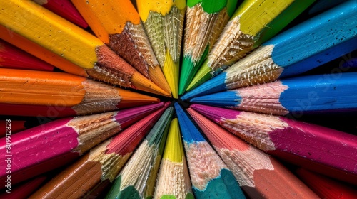 Color pencils arranged in color wheel order for creative artwork on white background photo