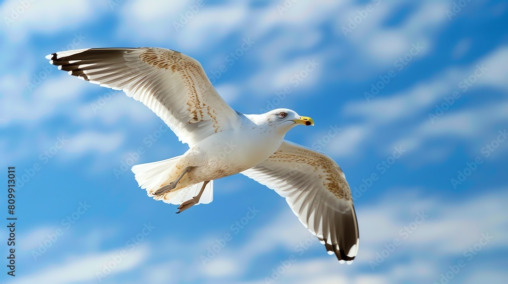 Obraz premium majestic seagull soars through the sky, its wings outstretched and its feathers gleaming in the sunlight.
