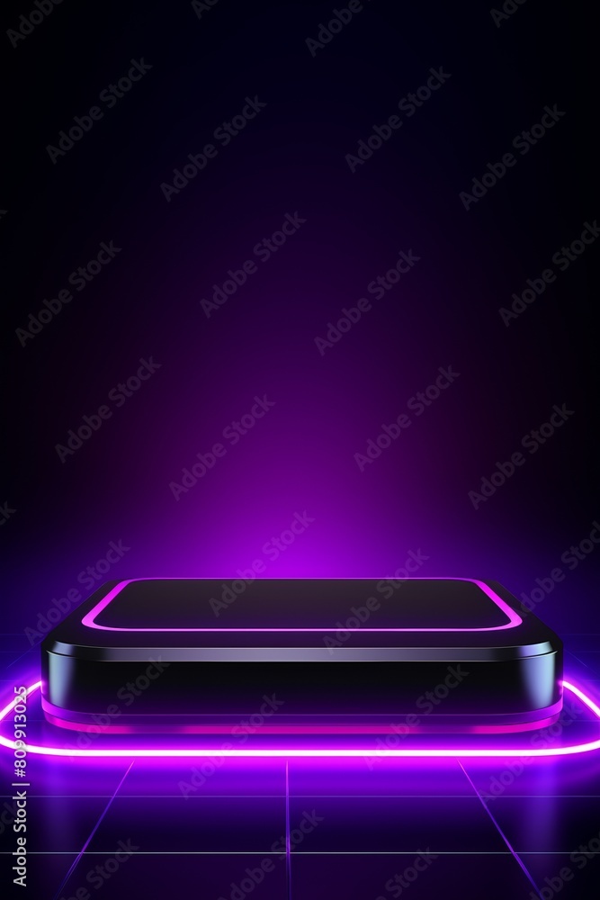 A dark purple glowing square platform on a reflective surface with a glowing purple outline., background A dark purple glowing square platform on a reflective surface with a glowing purple outline., background