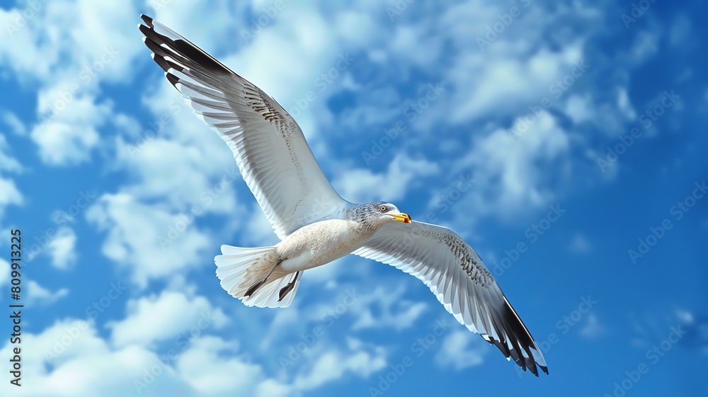 Obraz premium Soaring seagull with outstretched wings against a backdrop of fluffy white clouds and blue sky.