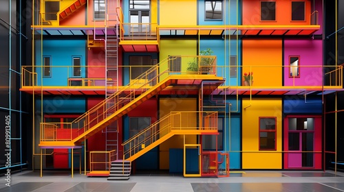 An industrial office building covered in saturated colors. photo