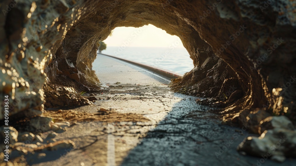 Hole in Bike Lane, walking path. Dangerous cliff on a walking road by the sea Hole in Bike Lane, walking path. Dangerous cliff on a walking road by the sea