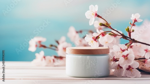 Craft packaging for a springthemed beauty product decorated with pink cherry blossoms and a clear blue sky. photo