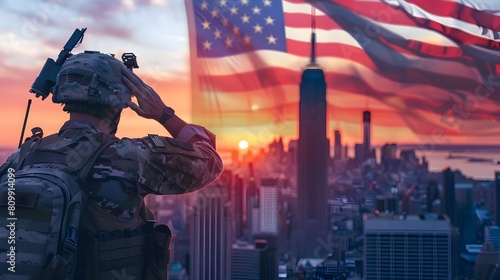 Active Duty Soldier Saluting with American Flag Backdrop in New York City Skyline Sunset