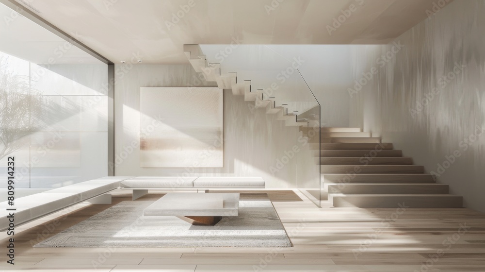 Obraz premium A minimalist staircase with open risers, glass balustrades, and minimalist artwork, adding visual interest to the home's interior.